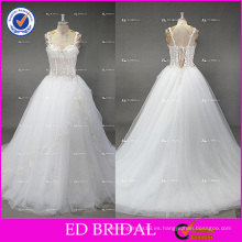 ED nupcial Sexy ver a través de encaje Appliqued correa de espagueti Tulle vestido de novia nupcial